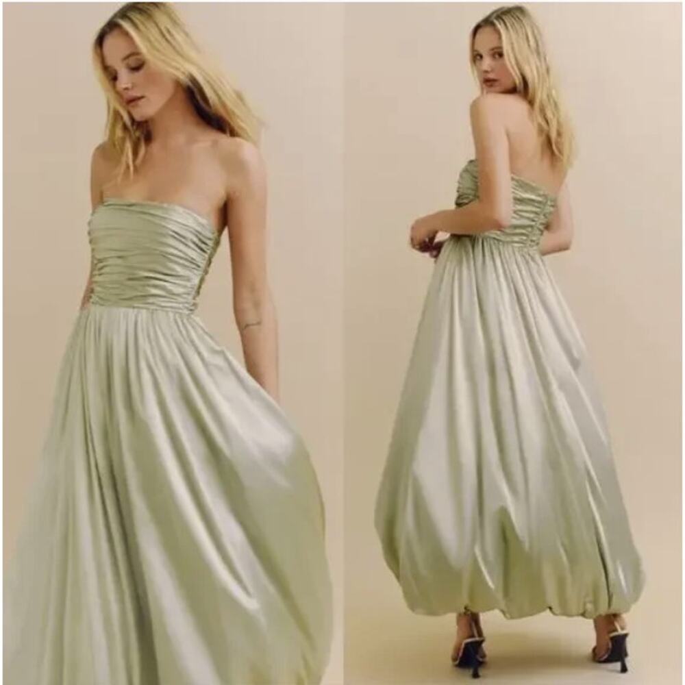 Reformation Strapless Satin Maxi Dress in Light Sage Green